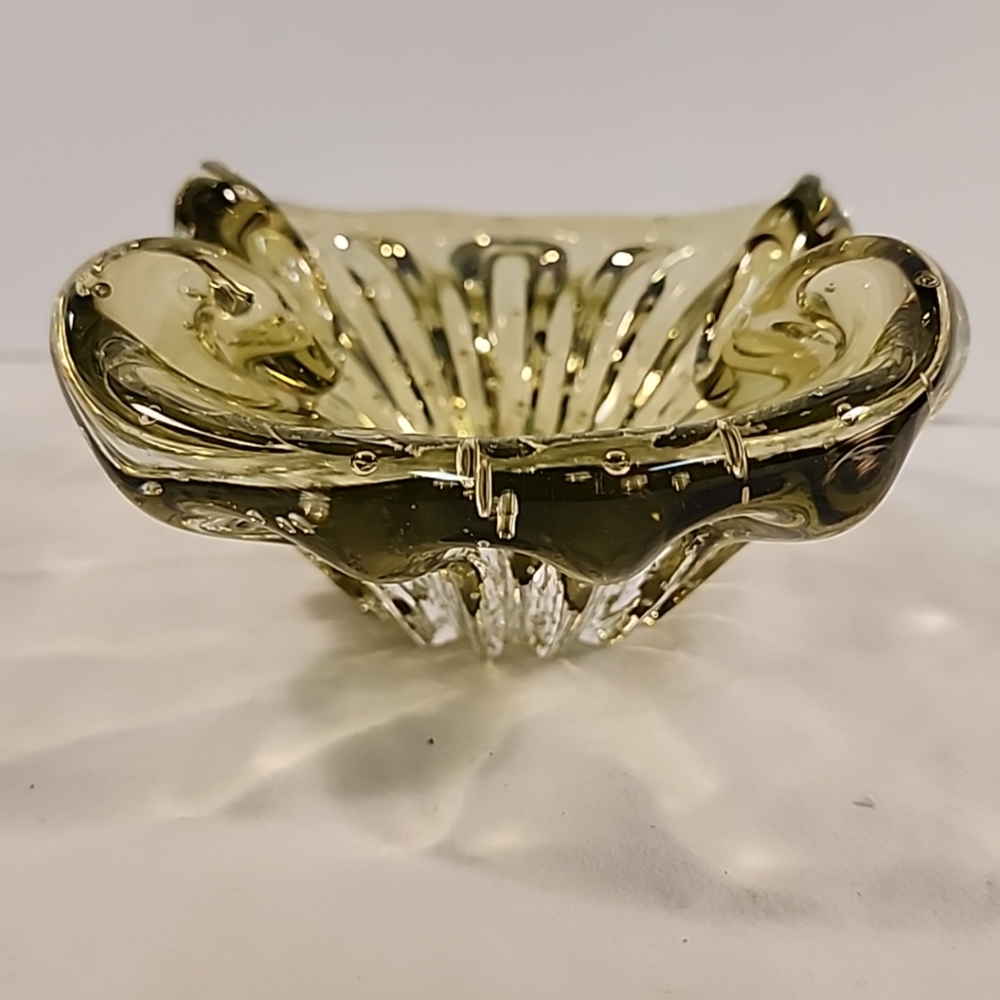 Murano Olive Green Bowl Bullicante Controlled Bubbles Italian Art Glass Italy